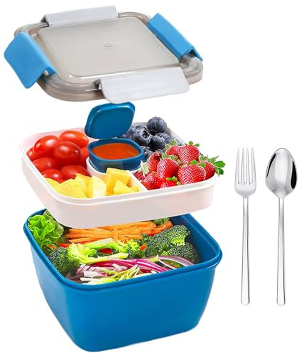 Yalucky Double Layer Bento Box with Compartments, Salad Bowl with Cutlery and Condiment - Large Capacity Lunch Container for Adults 1.5L (Blue)