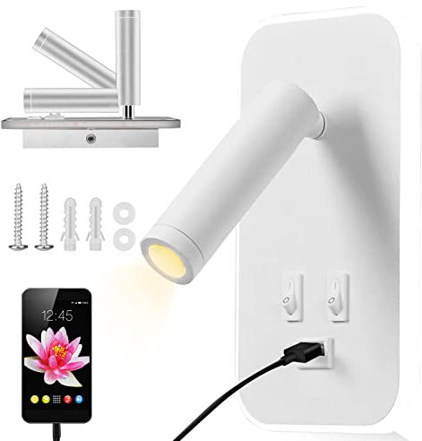 Towwoo Leselampe Wandmontage mit USB Anschluss, 3W + 9W 3000K LED Warmweiß Bettlampe, Verstellbarer Strahler Innen Wandlampe Schlafzimmer mit Schalter für Schlafzimmer Hotels (Weiß) (Weiß, 1 Stück)