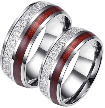 BCughia Verlobungsringe Paar, Freundschaftsring Silber Edelstahl Ringe 8 mm Silberring Inlay Holz Damengröße 60 (19.1), Herrengröße 67 (21.3)