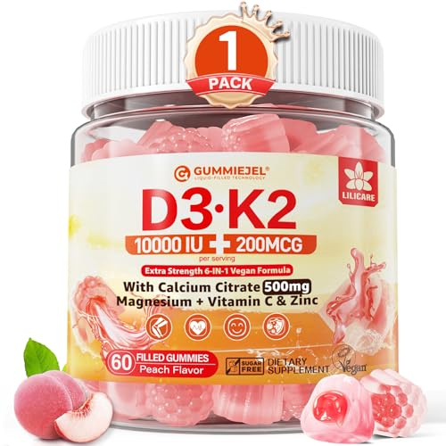Vitamin D3 K2 Gummies 5000IU / 10,000 IU with 500mg Calcium + K2(MK-7) 200mcg, Magnesium, Vitamin C & Zinc, Extra Strength - Ultimate Absorbency for Bones, Muscles, Teeth, Vegan, 60 Count (Pack of 1)