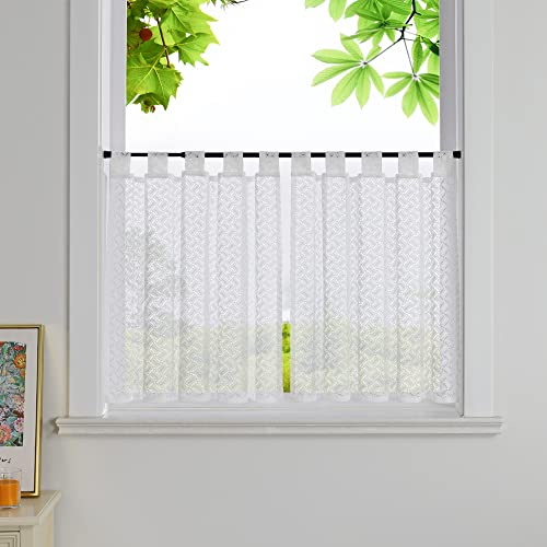 HeichkelL Scheibengardinen Transparent Scheibengardine mit Karo Vintage Landhaus Bistrogardine 2er Set Kurztores Jacquard Gardinen Weiß mit Schlaufen HöhexBreite 60x145cm