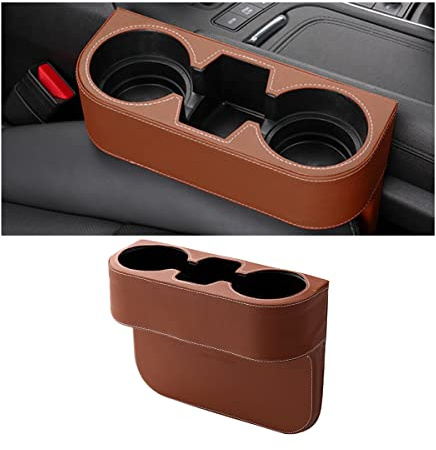 JNNJ PU-Leder Vordersitz-Lückenfüller mit Getränkehalter, Autositz Organizer, Universal Auto Getränkehalter, Multifunktionales Autozubehör, für Alle Fahrzeuge(Braun)