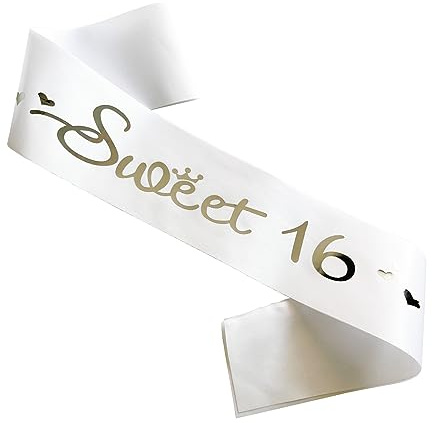 Sweet 16 Sash, White Satin Soft Sashes with Silver Foil Letter, 16th Birthday Sash Decorations Gifts for Girls Happy 16th Birthday Party Favor Supplies