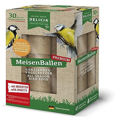 DELICIA® Premium MeisenBallen mit Insekten (30 St. ohne Netz) · Meisenknödel mit Aufhänger · Insektenknödel für Gartenvögel & Wildvögel · Vogelfutter Knödel · Körnerkugel zum Aufhängen