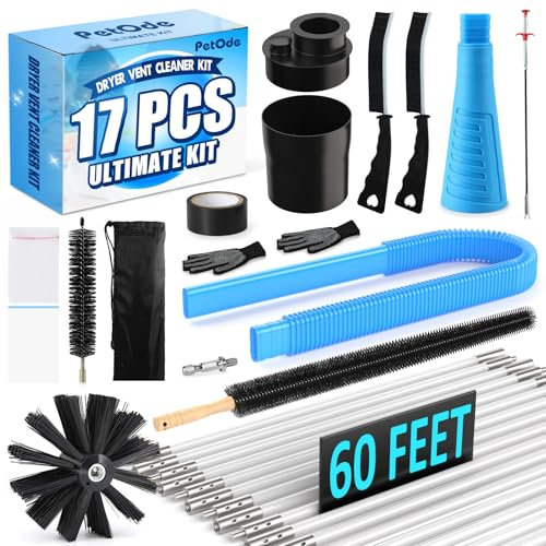 PetOde Dryer Vent Cleaner Kit 16-Piece All-Round Dryer Vent Cleaning Kit Lint Remover with 60 Feet Dryer Vent Brush, Vacuum Cleaner Hose Attachment, Flexible Lint Trap Brush, Vacuum & Dryer Adapters