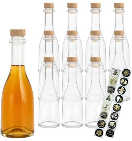 gouveo 12er Set Glasflaschen 200 ml Rustica mit Korken (HGK) und 24 Weihnachtsaufklebern - Schöne Flaschen aus Glas für Weihnachten zum Befüllen und Verschenken