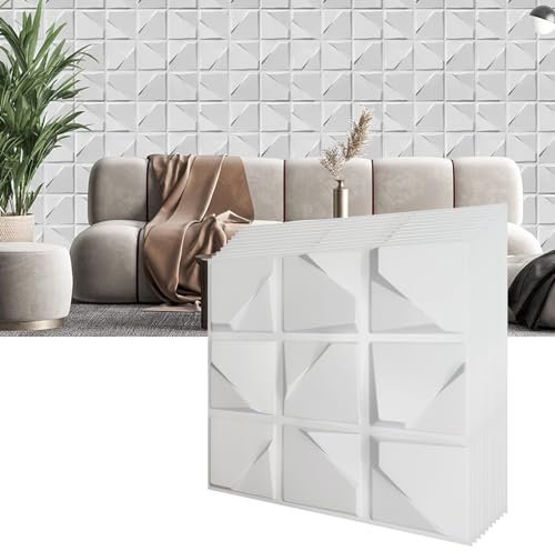 HAILM 3D Wandpaneele, 12 Stück Matt White Diamond Design 19,7 x19,7, Abnehmbar und Wasserdicht, Wandfliesen für Wohnzimmer, Badezimmer, Küchendekor
