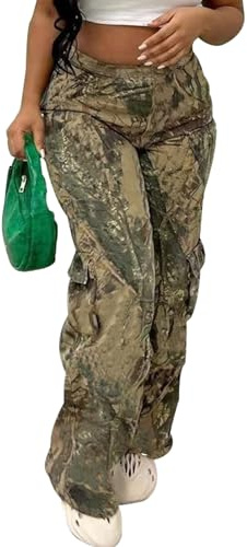 Famnbro Women Straight Leg Loose Camo Pants Mid Waist Streetwear Trousers Baggy Camouflage Cargo Pants