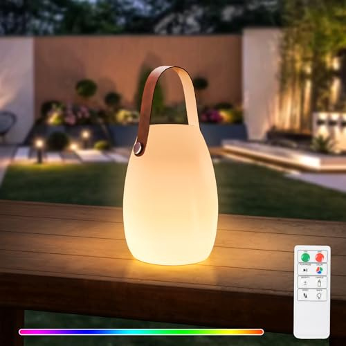 GGII Lampara de Mesa Exterior Recargable, lámparas de mesa a batería con mando a distancia regulable, IP44 lámpara de portátil LED, Lámpara Inalámbrica Para Jardín, Patio, Balcón