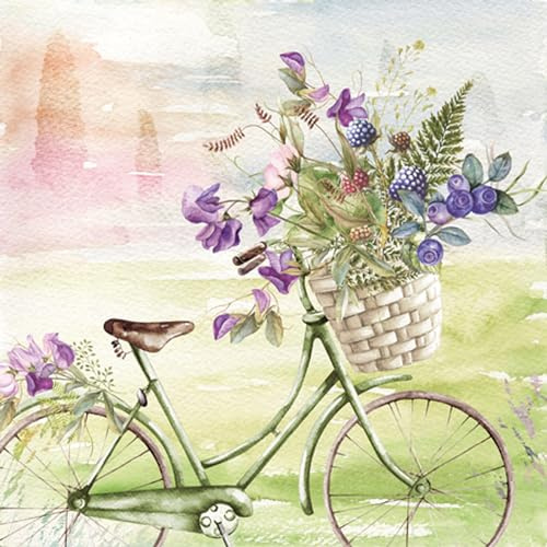 Servietten Papier 33x33cm 3-lagig 20 Stück - hochwertig & nachhaltig - Einweg Hochzeitsservietten - Papierservietten für Hochzeit Gastronomie Alltag - Fahrrad mit Blumenkorb - Grün