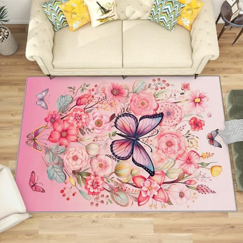 Schmetterling Teppich Mädchen - Teppich Wohnzimmer Schlafzimmer Schmetterling, Kleiner Teppich Rosa Blumen, Weich Kurzflor & Waschbar & rutschfest Fussmatte Innen, Kinderteppich 80x150 cm