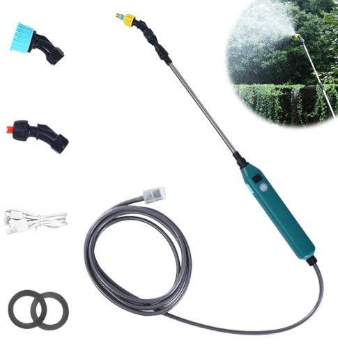 Mineup Akku Drucksprüher, 3.7 V Elektrischer Drucksprüher, Elektrischer Sprühstab mit 3 Düsen und 5m Schlauch, Wiederaufladbar USB Gartensprüher Bewässerung Teleskop Gießstab für Bewässern