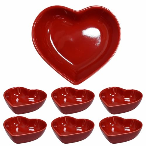 Lotatheta Red 6 pcs Soy Sauce Snack Dish Heart Shaped Porcelain Ceramic Dip Dipping Bowls 1.65 oz for Dinner Baking BBQ and Cooking