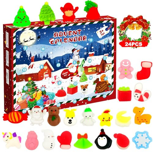 Advent Calendar 2024 Christmas Countdown 24 Days Mochi Squishy Toys Advent Calendar Mini Kawaii Squeeze Toy 24Pcs Different Surprise Countdown Calendar for Kids Present(Girls& Boys)