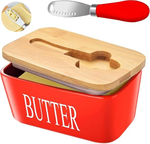 Mantequera de cerámica con tapa de madera, recipiente hermético para mantequilla para mostrador o nevera, cuchillo multiusos de acero inoxidable