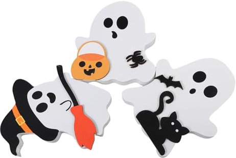 TOPBATHY Halloween Geist Zeichen Ornament 3 Stücke Set Holz Zeichen Tisch Gruselige Schwarze Katze Fledermaus Besen