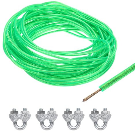 sourcing map 3.5mm (9/64 inch) Green Vinyl Coated Wire Rope, 15m /49ft Galvanized Steel Cable Wire Rope with 4PCS M5 Loop Sleeves for String Light Hanging, Deck Railing, Garden Wire