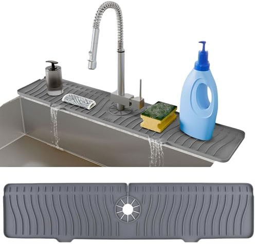 AAROO 24 Inch Longer Faucet Mat for Kitchen Sink, Silicone Sink Faucet Mat Splash Guard 5° Slope Premium Kitchen Sink Splash Faucet Guard, Fast Self-Draining Mat (Grey)