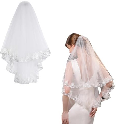 Faletony Brautschleier Schleier Spitzenborte kurz Bridal Tüll mit Kamm Tüll Braut Hochzeit Kurzer Schleier 2 Schicht Brautschleier für Frauen Bräute Bachelorette Party