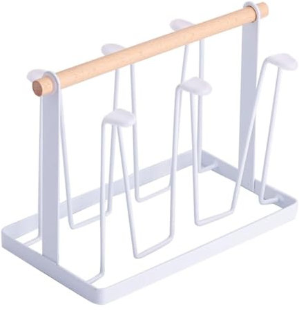 Kitchen Shelves,Spoon Rest Metal Cup Drying Rack Drainer Stand Holder with Wooden Handle Non-Slip Hooks for Drinking Glass Bottle Home Tabletop Kitchen(White)