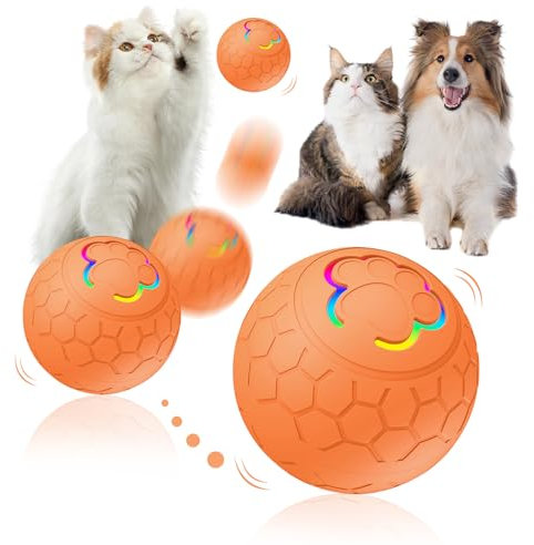 Skeadex Hundeball Elektrisch, Interaktives Hunde Ball Spielzeug mit LED-Licht, Strapazierfähiger Automatisch Rollender Ball mit 2 Modi, USB Wiederaufladbar für Katzen (Orange)