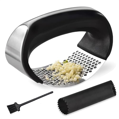 EYBDYB Innovative Rocking Garlic Press Set–Premium Stainless Steel Garlic Crusher with Ergonomic Handle,Includes Garlic Peeler&Cleaning Brush,Easy to Clean,Effortless Mincing Tool for Kitchen