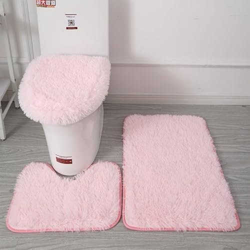 3PCS Soft Microfiber Bathroom Rugs Sets,Non-Slip Bath Mat Fluffy Plush Toilet Seat Cover for Bathroom,Water Absorbent Bathmat,Machine Washable (Pink)