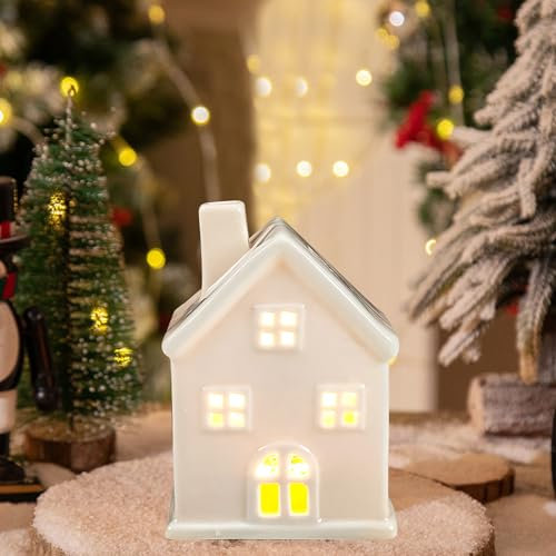 Nexoria Decoración navideña de cerámica para casa de Navidad con iluminación LED, de porcelana, color blanco, decoración navideña para interiores (D)
