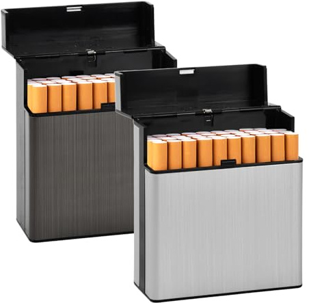 Amexo 2 Stück Groß Zigarettenetui aus Metall Zigaretten Etui für 40 Zigaretten Edelstahl Zigarettencase Zigarettenschachtel Box für Damen Herren (Schwarz Silber)