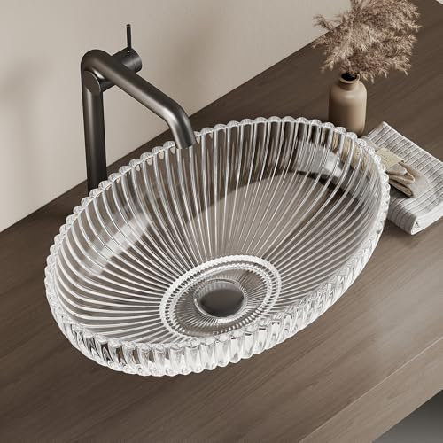 EMKE Lavabo Sobreponer en Vidrio Cristal, Ovalado Transparente, 51 x 35 x 15 cm, Lavabo para Baño y WC de Invitados, Sin Orificio para Grifo