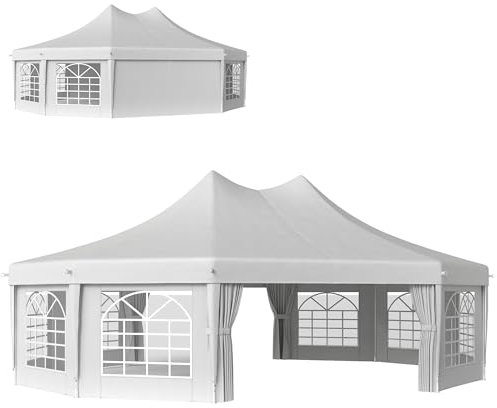 Outsunny 10 Sides Decagonal Garden Gazebo Marquee Party Tent Wedding Canopy Outdoor Heavy Duty Metal Frame (8.9m x 6.5m) - White