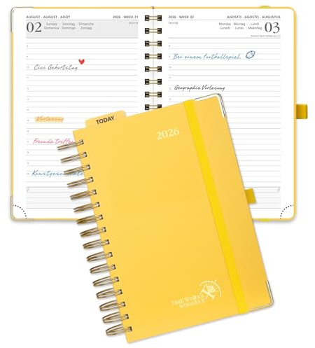 POPRUN Kalender 2026 Tagesplaner 21,5 x 14,5 cm, Tageskalender A5 1 Tag 1 Seite (Montag - Sonntag), Terminplaner (Jan.2026-Dez.2026) Ringbuch mit Hardcover, Plastiklineal - Hellgelb