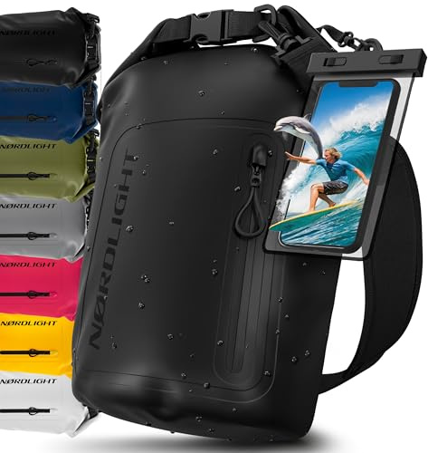 Nordlight Dry Bag Vattentät Väska med Mobilfodra+ Rullstängning, Axelrem | Drybag Vattentät Ryggsäck Packsäck Våtbag Packväska | Simning Strand Stå Upp Paddling Kanotpaddling - Svart, 20 Liter
