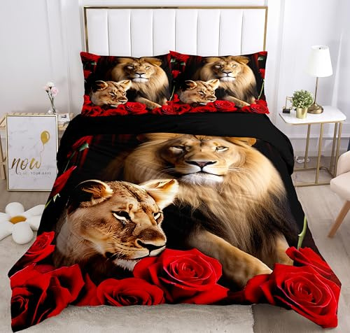 Copripiumino Leone 200 x 200 cm, set di biancheria da letto in 3D in microfibra, motivo leone marrone moderno con cerniera nascosta (stile 3, 200 x 200 cm)