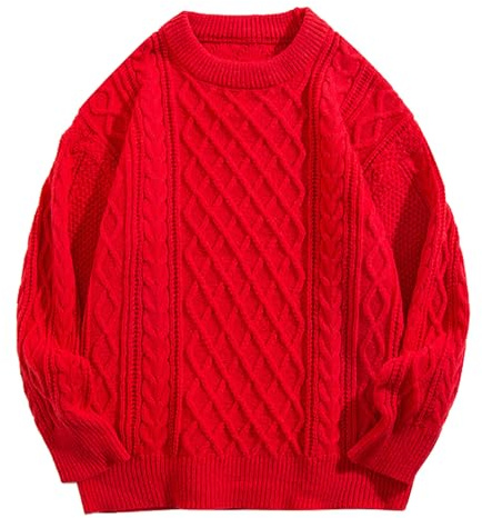 Generisch Abrigo de lana para hombre a cuadros suéter de invierno nuevo cuello redondo monocolor versátil suéter de punto para hombre con parte inferior gruesa abrigo oblicuo, rojo, L