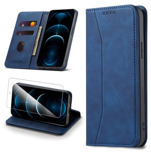 Leaisan Handyhülle für iPhone 12/iPhone 12 Pro Hülle [mit Panzer Schutz Glas] Premium Leder Ständer Kartenfach Magnetische iPhone 12/12 Pro Klapphülle Stoßfeste Flip Case Schutzhülle Tasche - Blau