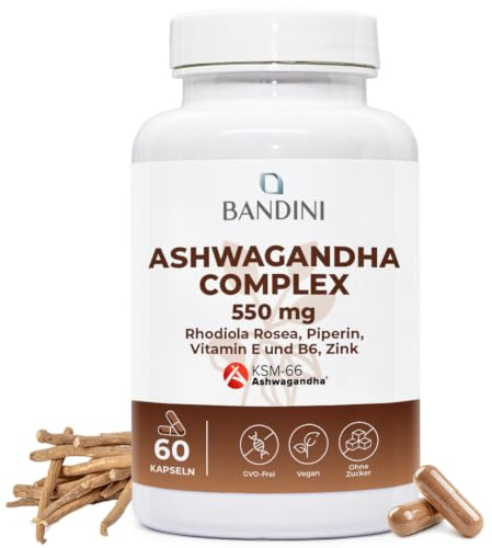 Bandini® Ashwagandha KSM-66® - Rhodiola Rosea, Ginseng Indio, Zinc, Vit E y B6 – Withania Somnifera en Dosis Alta con 5% de Whitanólidos – Ashwagandha Complex 60 Cápsulas – Suplemento Natural y Vegano
