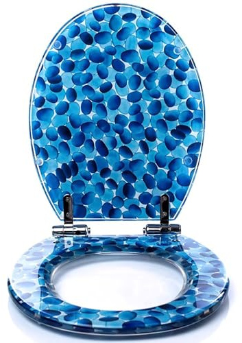 Länglicher Toilettensitz aus Blauem Harz mit Soft-Close-Deckel, Universelle Passform in O-/U-/V-Form, Leicht zu Reinigender Toilettenbrille mit Chromscharnieren