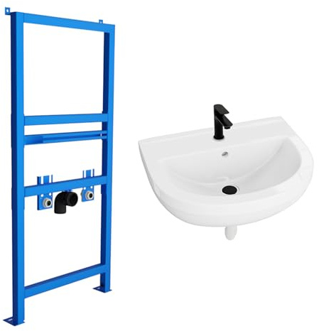 lavita Juego completo de lavabos – Lavabo de pared Barba con grifería, elemento de pared, desagüe click-clack, sifón y kit de montaje, color blanco y negro