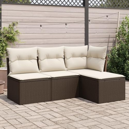 QJBSAVVA 4-TLG. Rattan Gartenmöbel Set Braun 62 x 62 cm mit abnehmbaren Kissen, platzsparende Sitzgruppe für Balkon, Terrasse und kleine Flächen, Modular & Robust