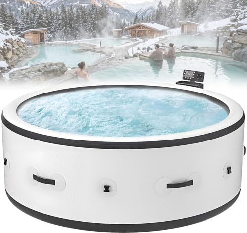 Pool mit Heizung 4-6 Personen Beruhigende Blasendüsen 40℃ Einstellbare Hitze Durchstichfestes PVC Digitales Bedienfeld Inklusive Bodenmatte und Thermoabdeckung für Camping Poolseite Familienfeier L