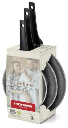 MONETA Set 3 Padelle Antiaderenti Ossidiana Stone 20-24-28 cm - Padelle Induzione in Alluminio con Rivestimento in Pietra, Senza PFOA e Nichel