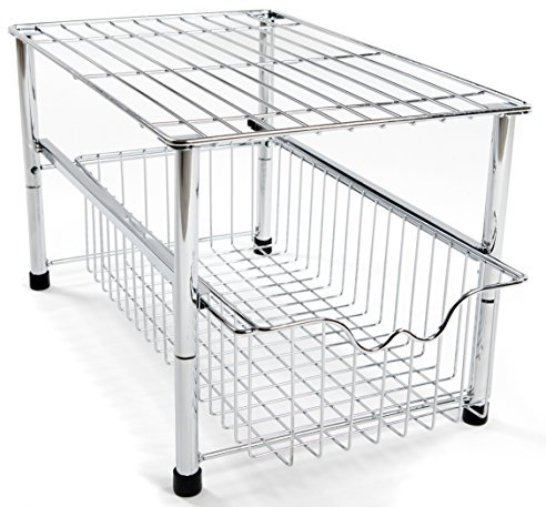 Amtido Under Sink Storage Rack with Sliding Basket Drawer – Chrome Metal, No Tools Needed Under Sink Storage Kitchen Organiser for Pantry, Bathroom, Countertop, Cleaning Supplies – 43x28x26cm