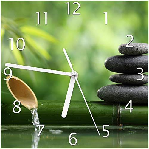 Wallario Design-Wanduhr Steinstapel und Bambus auf dem Wasser aus Glas, Motiv-Uhr Größe 20 x 20 cm, weiße Zeiger