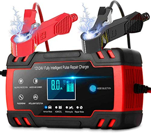8A 12V 24V Car Battery Charger & Maintainer, 3-Stage Automatic Trickle Charger for Lead Acid Batteries 2AH-150AH – 6 Functions, Compatible with Most Vehicles
