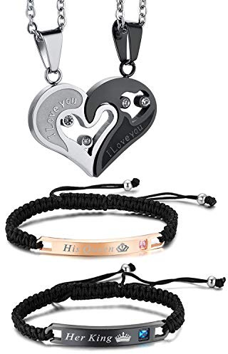 Cupimatch Jewellery Set Couple Puzzle Pendant Stainless Steel Necklace Braided Bracelets Curb Chain Bracelet Zirconia Curb Chain Partner Bracelet Friend Bracelet Women's Men's Bangle Silver Black