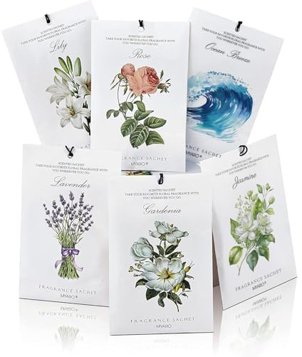 MYARO 12 Pack Assorted Floral Scented Sachets - Lavender, Rose, Jasmine, Ocean, Gardenia & Lily | Drawer, Closet & Car Air Freshener Bags | Multi-Scent Home Fragrance Gift Set
