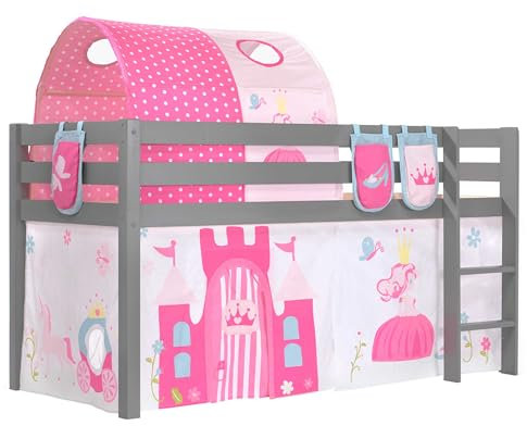 Vipack Spielbett Pino mit Textilset Vorhang, Tunnel und 3 Taschen Princes Kiefer massiv grau lackiert