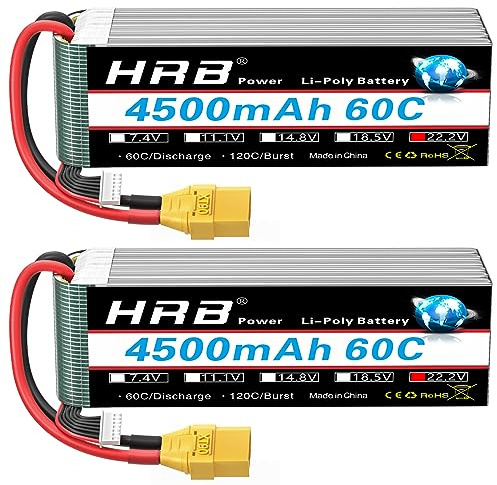 HRB 6S Lipo Batterie Lipo 22,2 V 4500 mAh 60 C avec fiche XT90 Batterie de Classe A+ pour Voiture RC Avion, Buggy hélicoptère, Camion Hobby (Lot de 2)