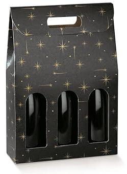 5 scatole per 3 bottiglie vino nero con stelle modello bordolese, borgognotta robuste strenne natalizie cartone accoppiato e maniglia esterna cm.27x9x38,5h constellation